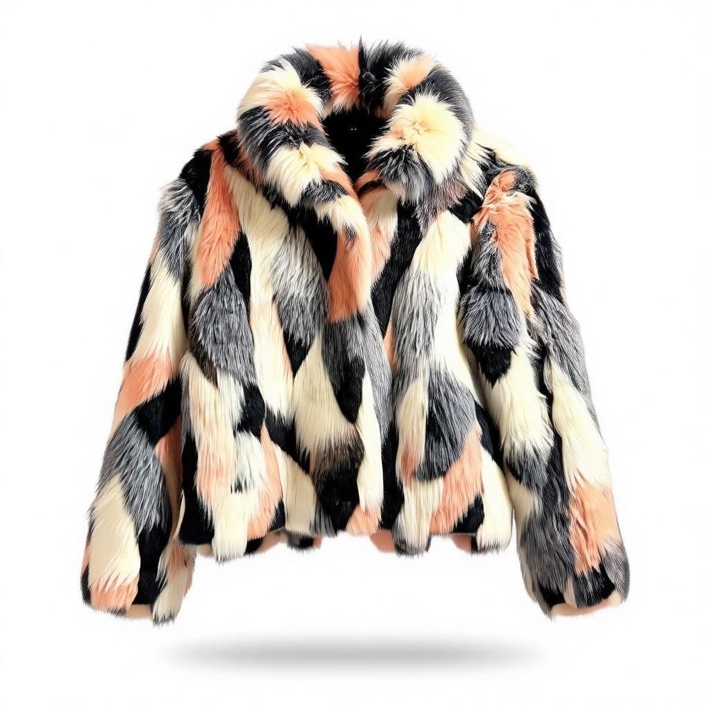 Stylish Faux Fur Jacket in Black, Cream, and Pink